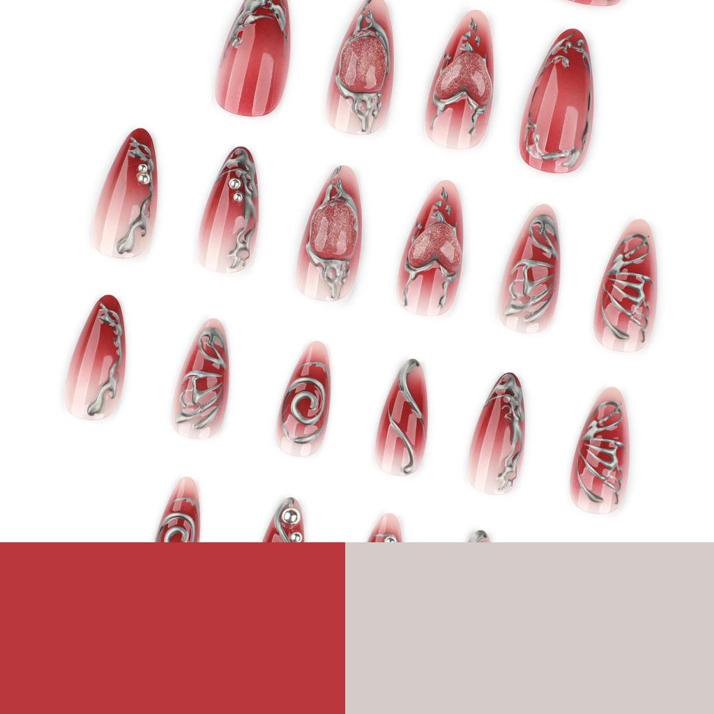 Red Y2K Press-On Nails: Butterfly Heart Design with High-End Silver Hot Stamping for Autumn/Winter