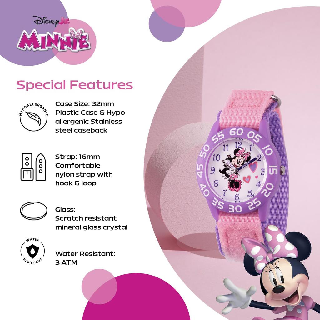 Disney Minnie Maus Lünette Edelstahl Zeitlehrer Analoges Nylonarmband Helllila und Rosa Klassische Kinderuhr, Lila,