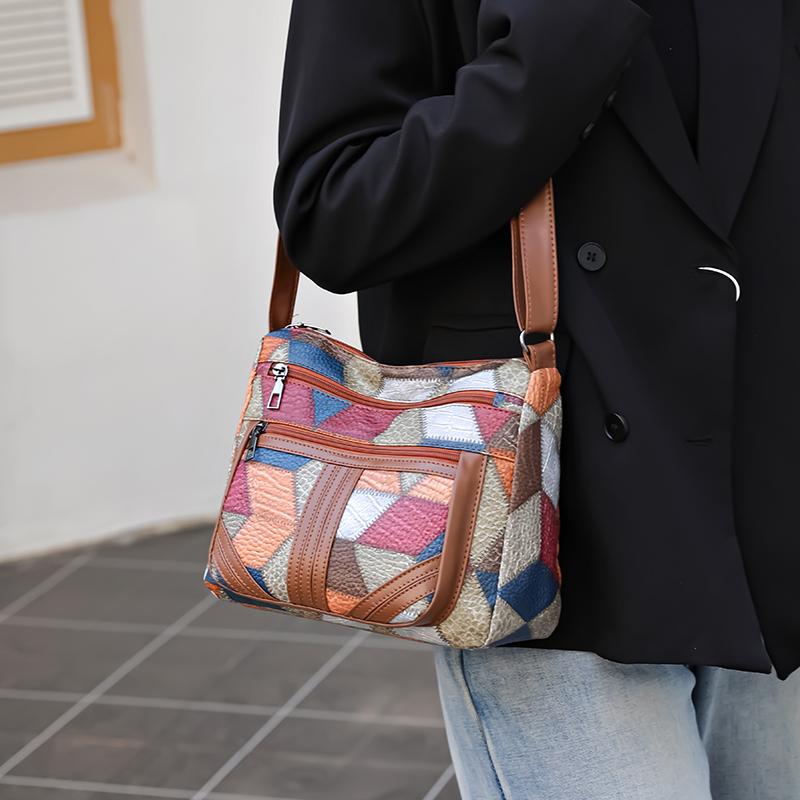 Neutral Style Men's and Women's Casual Shoulder Bag, PU Leather Patchwork, Crossbody Bag, Simple Design