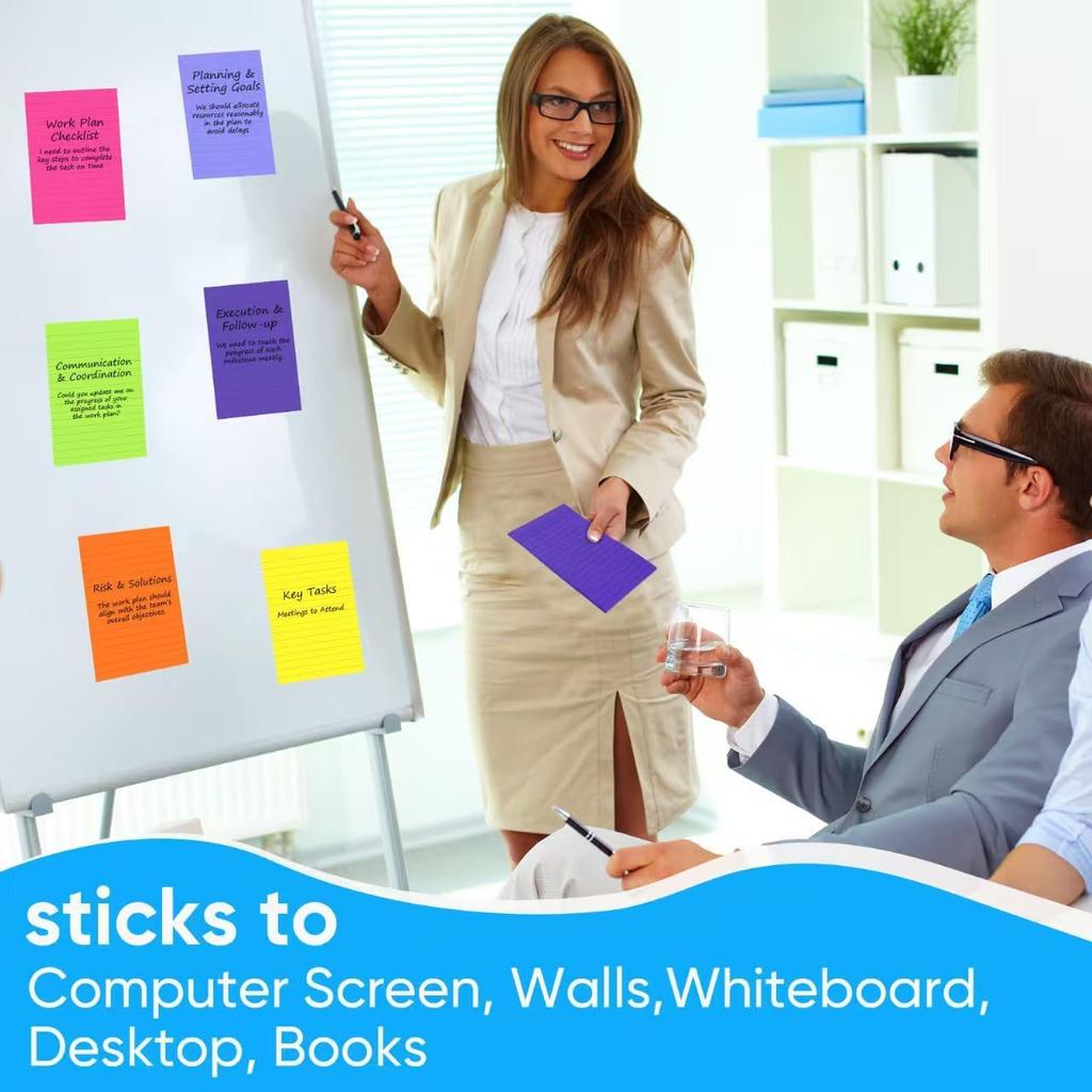 12 Pack Lined Sticky Notes in Bright Colors,Sticky Note Pads 4x6 inches,Sticky Notes with Lines, Self-Stick Note Pads, Large Rectangular Memo Pads