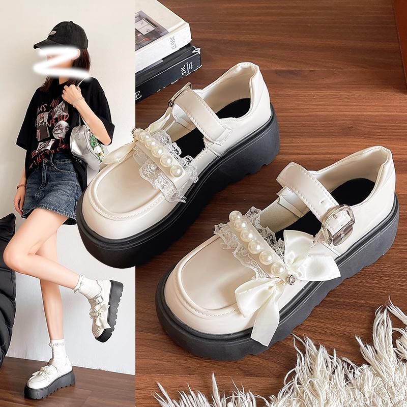 Fashion The 2025 autumn new lace pearl bow versatile round toe thick-soled one-line buckle shallow opening Mary Jane single shoe