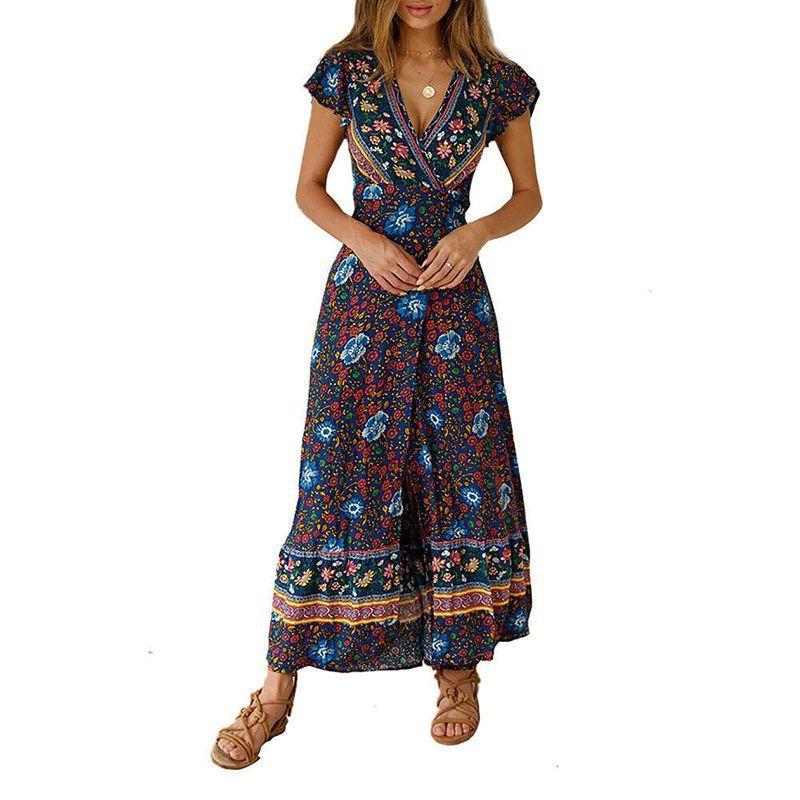 Elegant Women Wrap Summer Boho Floral Short Sleeve Maxi Print Dress For Holidays