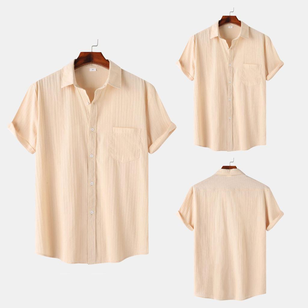 2025 Summer European & American Men's Waffle Short Sleeve Solid Color Casual Shirt