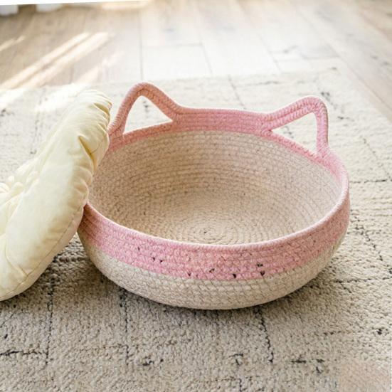 Cat Bed Basket Cotton Rope Woven Pet Bed for Indoor Cats Scratchable Round Pet Sleeping Basket for Cats Puppies Rabbits