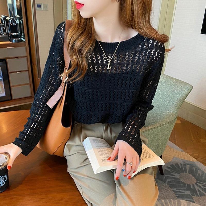 women hollow out knit sweater round neck long sleeve casual loose fit lightweight top