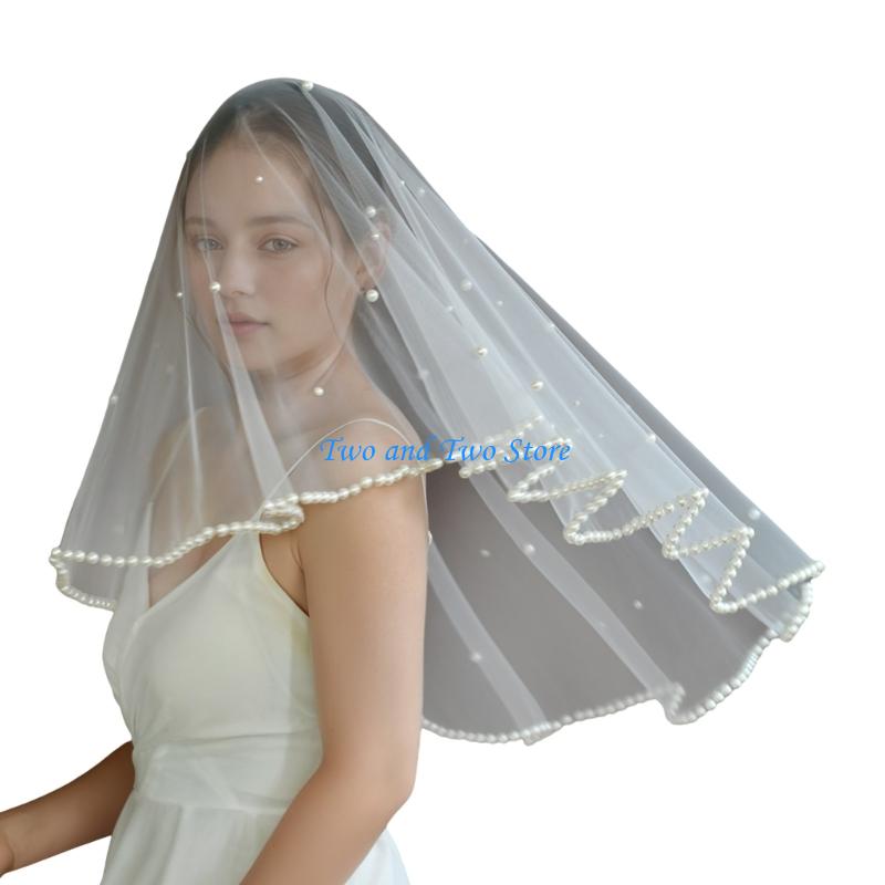 HX6F Luxurious Pearls Decors Bridal Veils Headpiece Soft Sheer Seethrough Tulle Veils For Wedding Event Photography Accessories