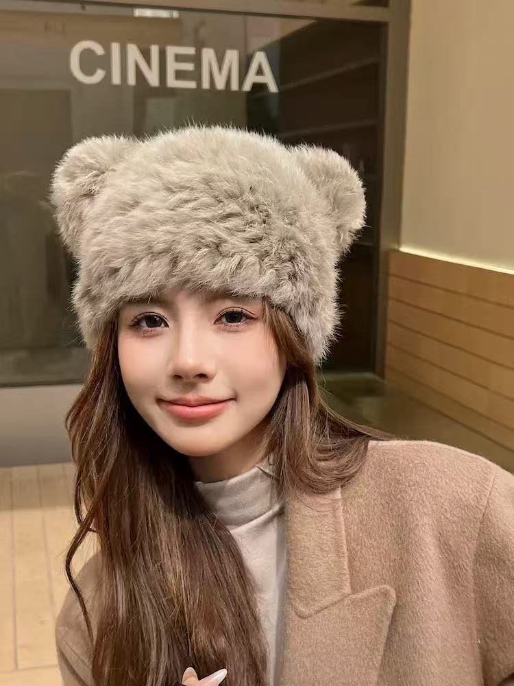 Cartoon Style Wool Beanie With Plush Fur Material And Adjustable Fit For Casual Wear