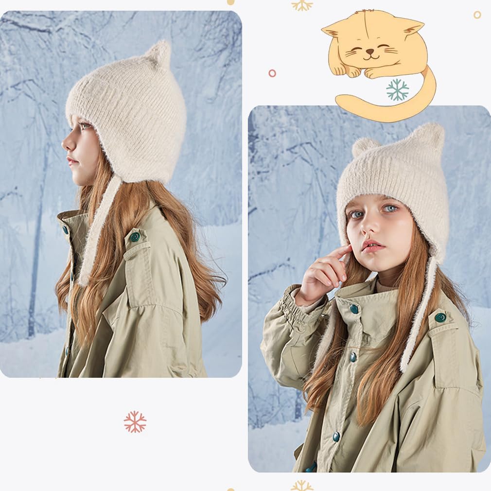 MoonBloom Winter Knit Hat for Girls and Boys with Cat Ear Warm and Popular Gift for Ages Perfect for Outdoor Solid Soft Numeric Kids' Earflaps,