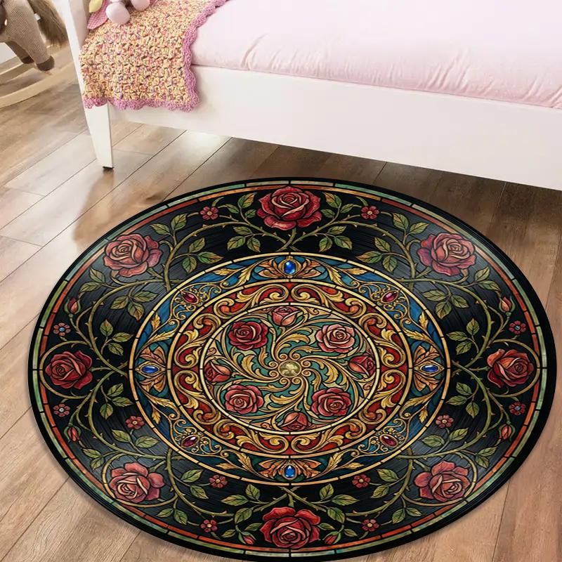 Vintage Rose Runder Teppich, Teppich für Wohnzimmer Schlafzimmer Sofa Spielzimmer Dekor, Rutschfeste Bodenmatte109