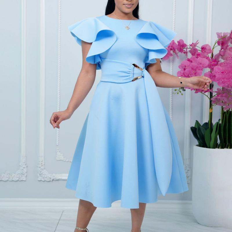 Womens Elegant Ruffle Sleeve Waist Tie A Line Midi Evening Dress
