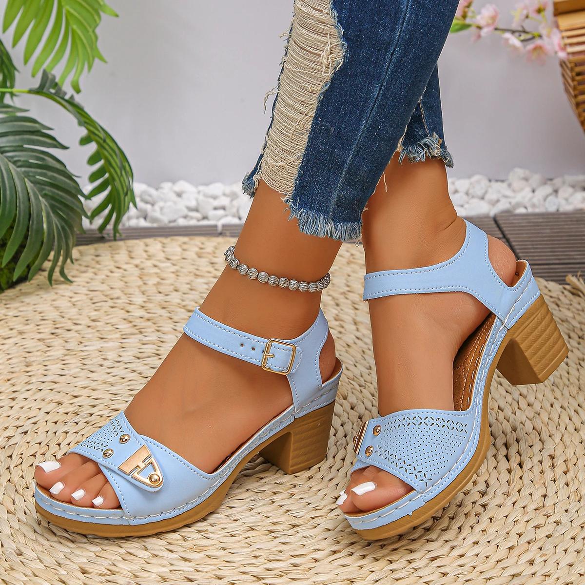

Fashion Women s Chunky Heel Sandals Adjustable Buckle Strap Plus Size Shoes Solid Color One Line Fashion Sandals for Women Summer 2025 43 небесно-голубой