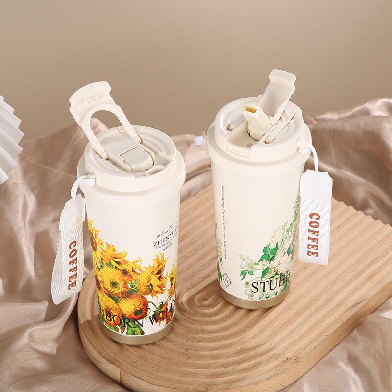 Lily of the Valley 316 Stainless Steel Insulated Coffee Cup with Double-Layer Straw