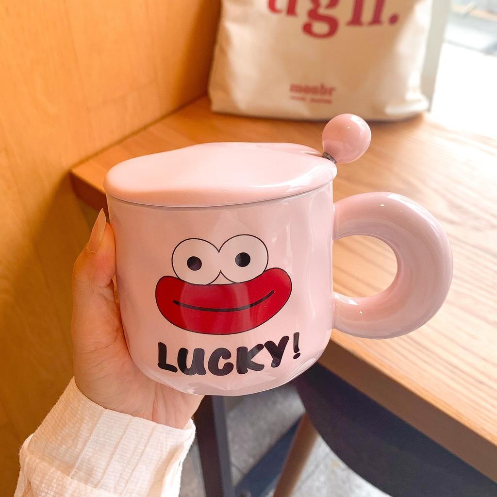 Cute Big Mouth Mug With Lid Spoon Ceramic Cup Girl Couple Water Cup Household Children Breakfast Coffee Cup Man