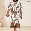 Women Plus Size Round Neck Batwing Sleeve Ruffle Hem Top Fishtail Skirt Halloween Printed Two Piece Set
