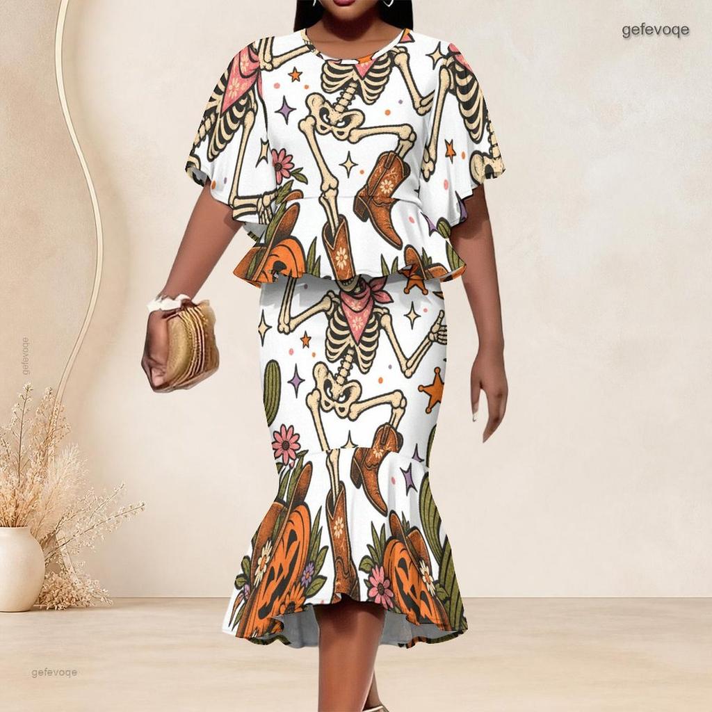 Women Plus Size Round Neck Batwing Sleeve Ruffle Hem Top Fishtail Skirt Halloween Printed Two Piece Set