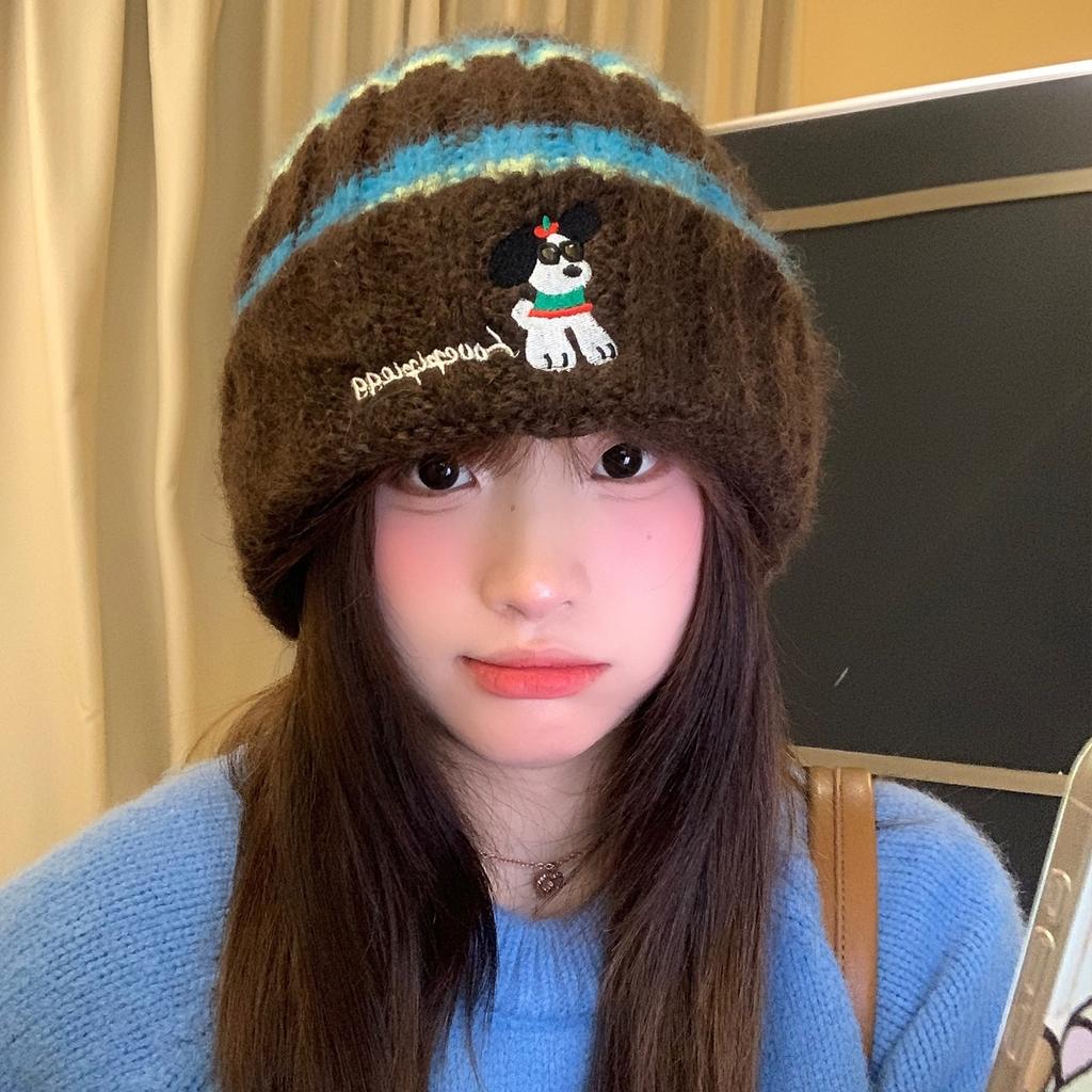 Puppies Piled Loose, Striped, Knitted Wool, Small Hat, Female Big Head Face, Cute Baotou, Warm In Autumn and Winter