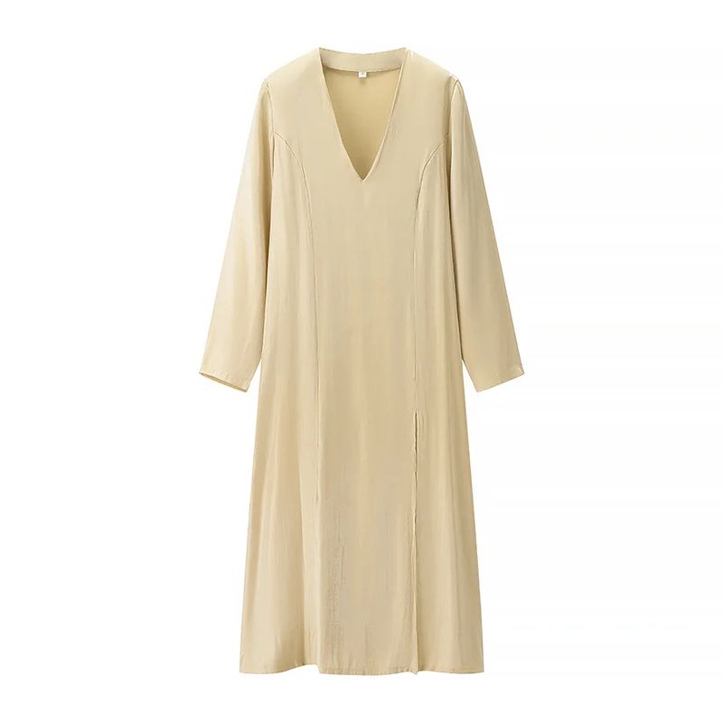 

Spring New Women s Clothing French Style Casual Plaid Loose-Fitting V-neck Long Sleeves A- line High Waist Mid Length Long Length Dress Light yellow L