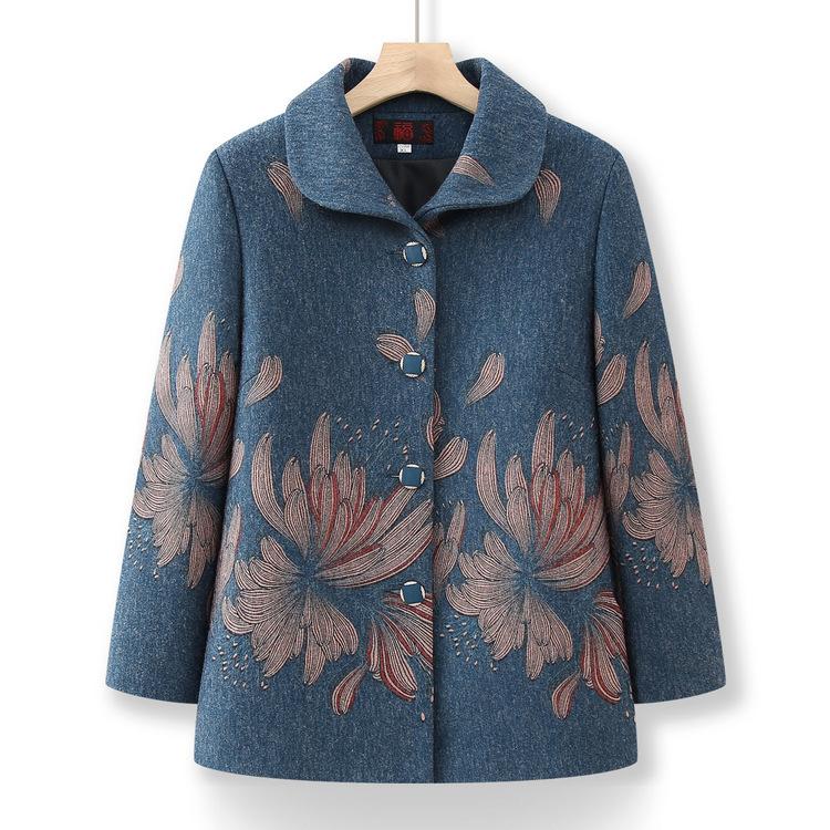 

Зимние пальто женские ретро принт куртка лацкан длинный рукав шерстяной кардиган для мам среднего возраста верхняя одежда M синий