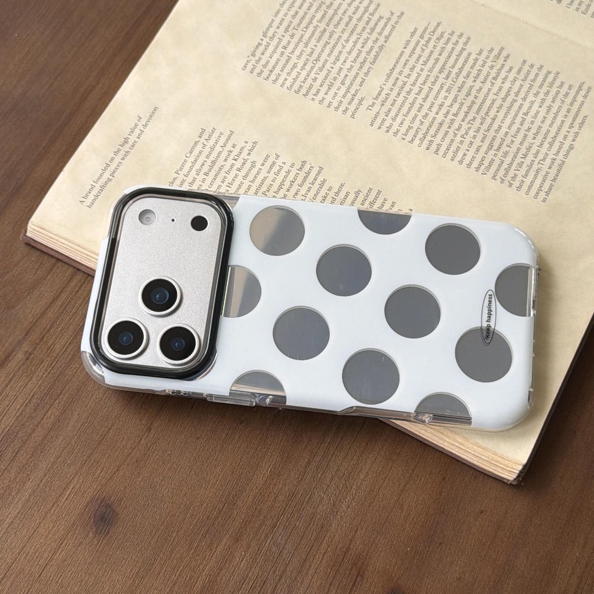 

Niche Minimalist Silver Polka Dot Phone Case for iPhone 17 Pro Max with Apple Pendant, Korean Style iPhone 15 Pro Max
