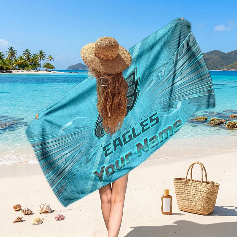 Philadelphia Eagles Customized Name Text Beach Towel, Soft Absorbent Towel Beach Pool Travel Personal Gift