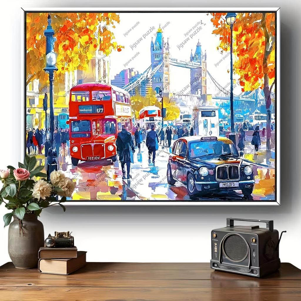 2000/1314/1000//520pcs Jigsaw Puzzles for Adults - Vibrant London Street Scene with Big Ben & Red Bus, High-Quality Paper, Por