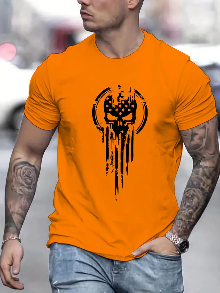 Men's Summer Loose Size 100% Cotton Skull Print Casual Slim Fit Round Neck Short Sleeve T-shirt Top O-neck Pactwork Casual T