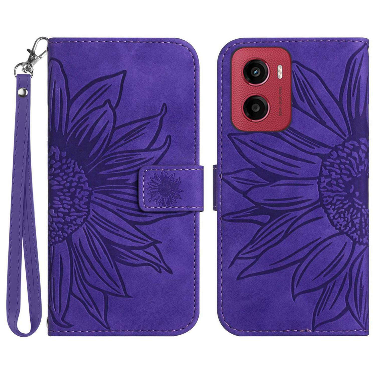 

For Motorola Moto G05 4G Case Sunflower Imprint Leather Wallet Phone Cover with Wrist Strap Dark Purple