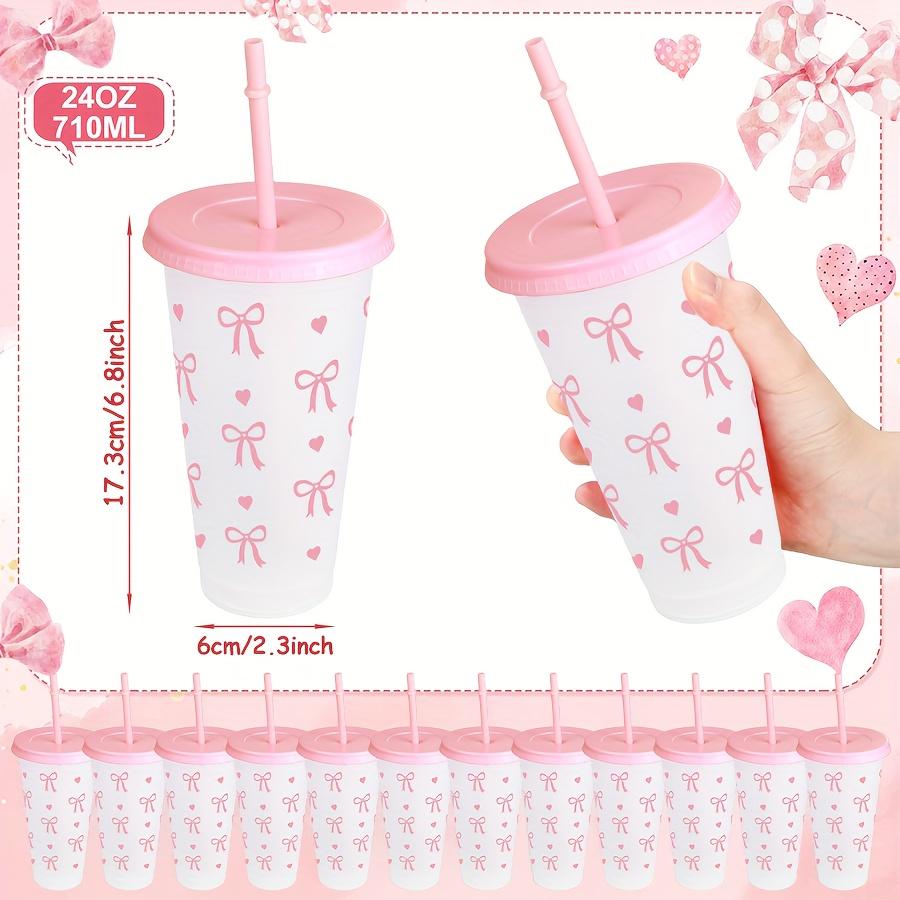 2/20pcs 24oz Reusable Party Cups with Straw & Lid Cute Bow Plastic Tumblers for Cold Drinks Home Office Outdoor Use Summer Gift