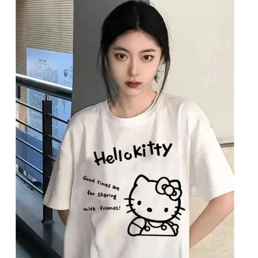 

2026 Kawaii Hello Kitty Y2K Korea Tops Anime Cute Summer Loose Womens Couple Comfortable summer Womens Tshirt loose fit S