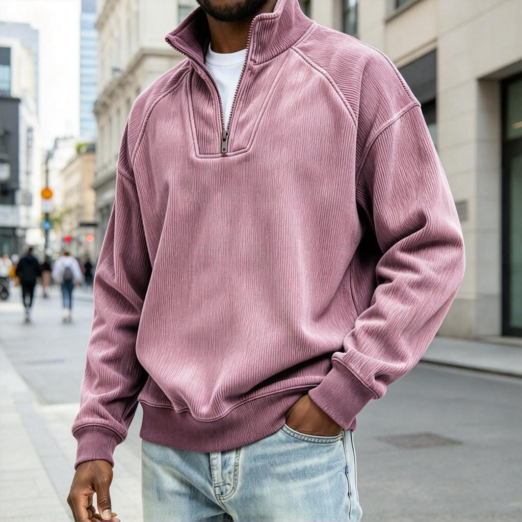 Men's Vintage Ribbed Half Zip Sweatshirt Mock Neck Pullover Top in Coffee Brown