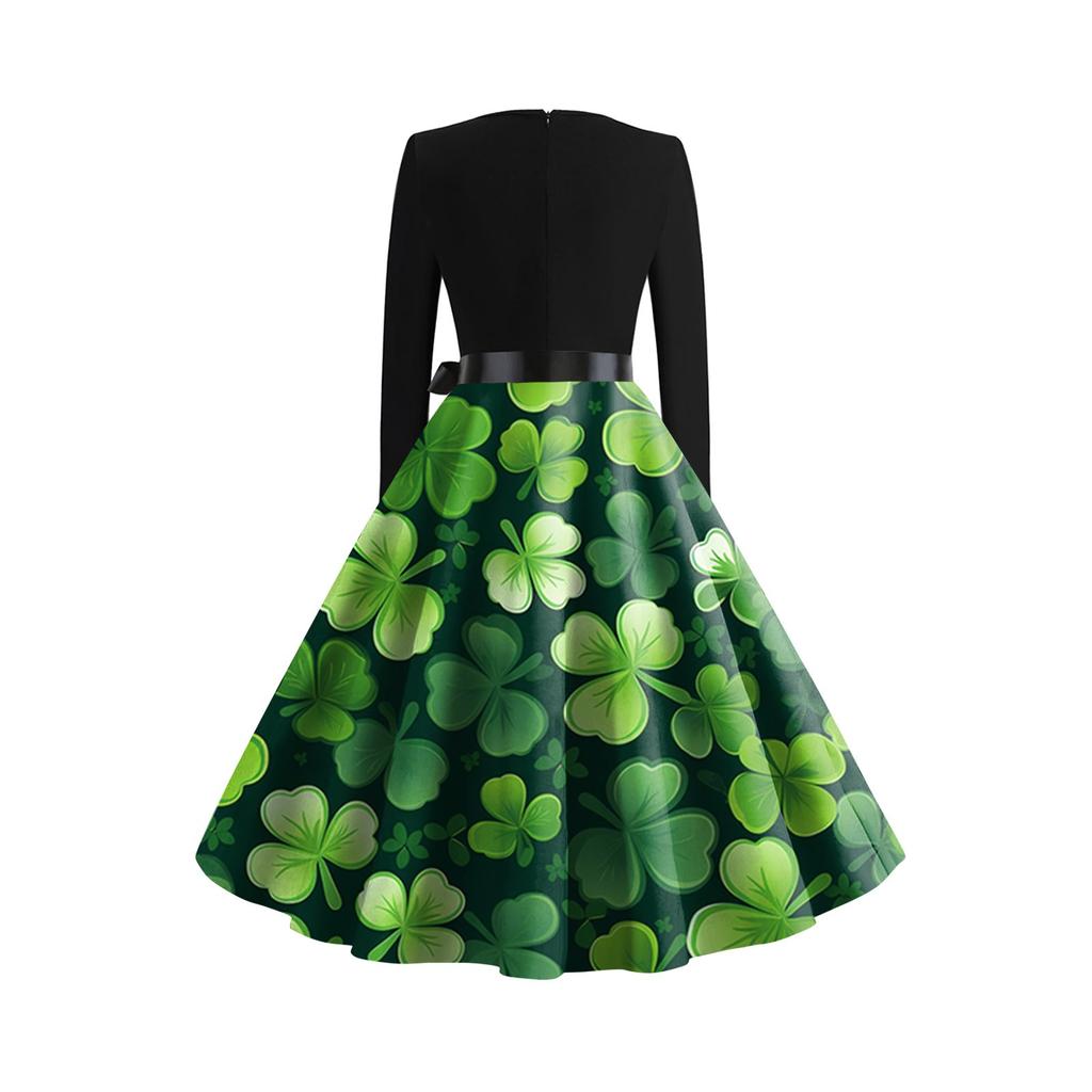 Women's Vintage Classic Dress Long Sleeve  Print Round Neck Swing Dress