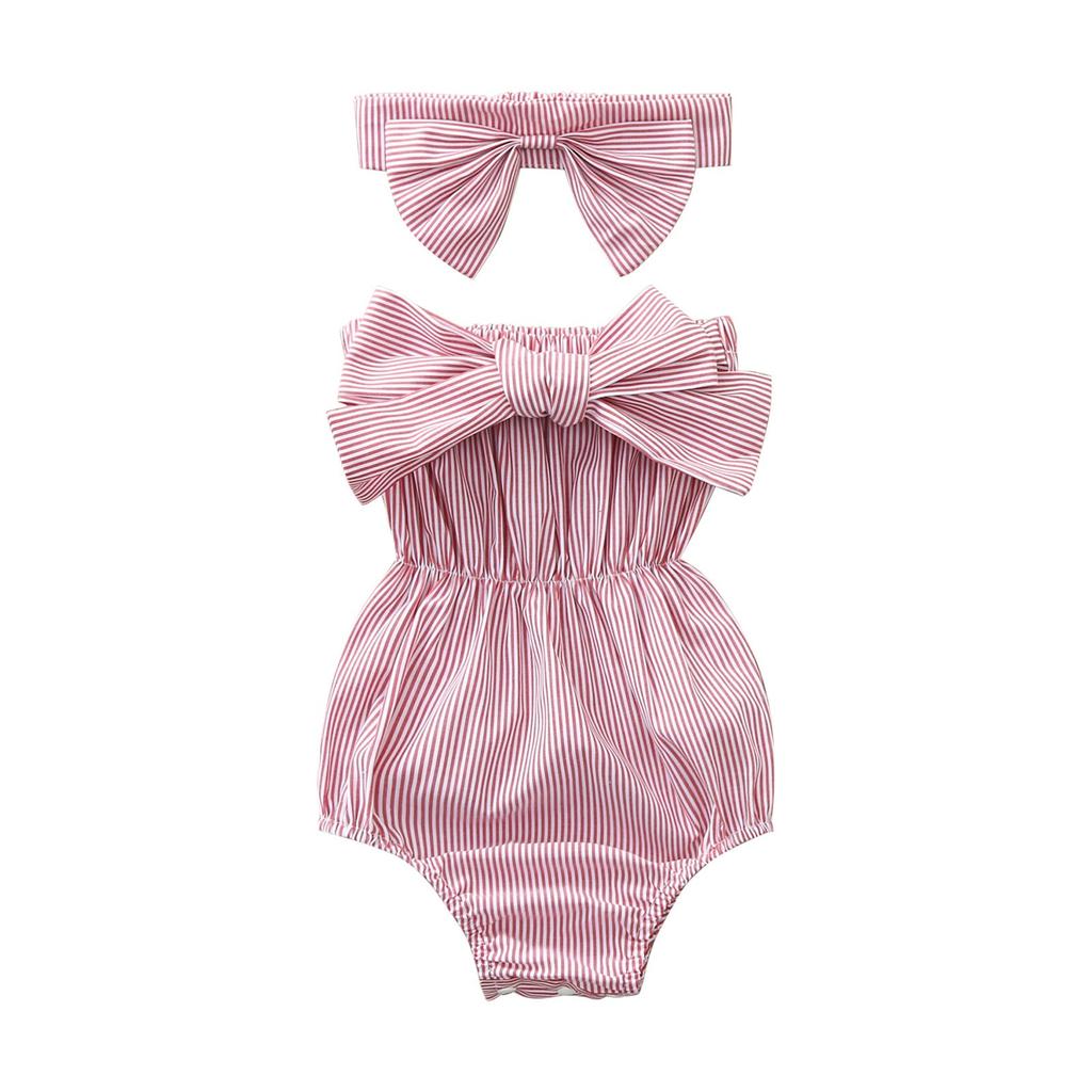 Neugeborenes Kleinkind Baby Mädchen Schulterfrei Gestreifter Strampler Body Stirnband Outfits