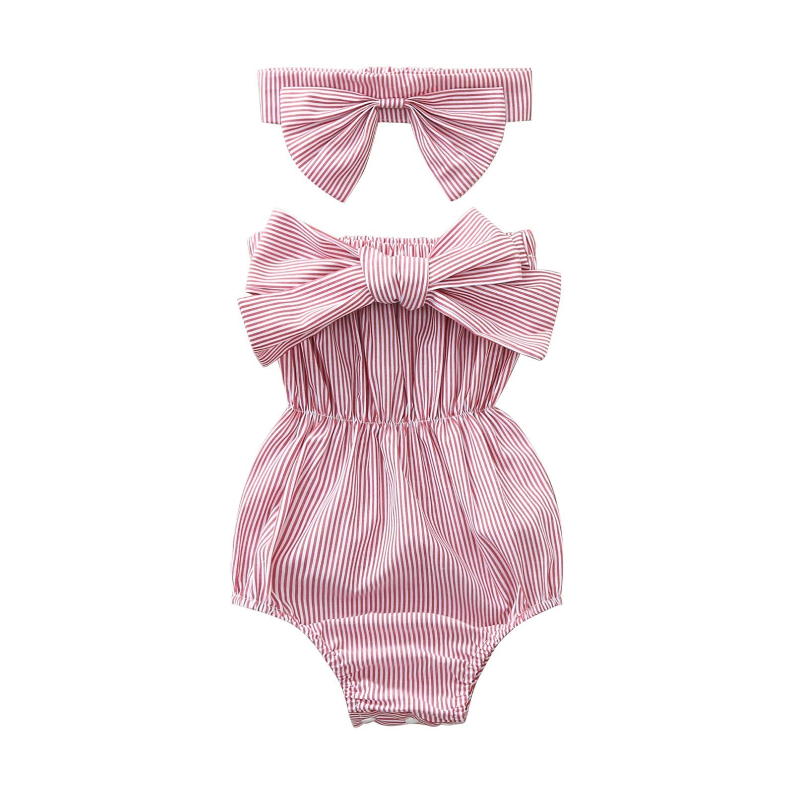 

Ramidos полосатый комбинезон для новорожденных девочек с открытыми плечами, боди с повязкой на голову, наряды 70 красный