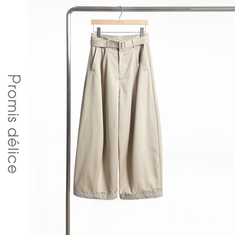 Tatu High-Waist Lace Trim Tie-Waist Wide-Leg Pants M хаки