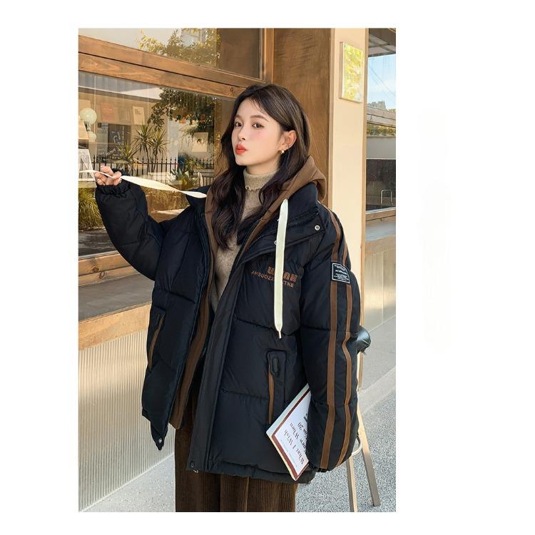 מעיל חורף מעובה לנשים עם צבעים מנוגדים, מעיל כותנה בסגנון קוריאני, גזרה קצרה, מעיל פוך דמוי שני חלקים