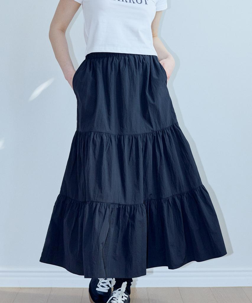 MARROT Shirred Frill Long Skirt_Black