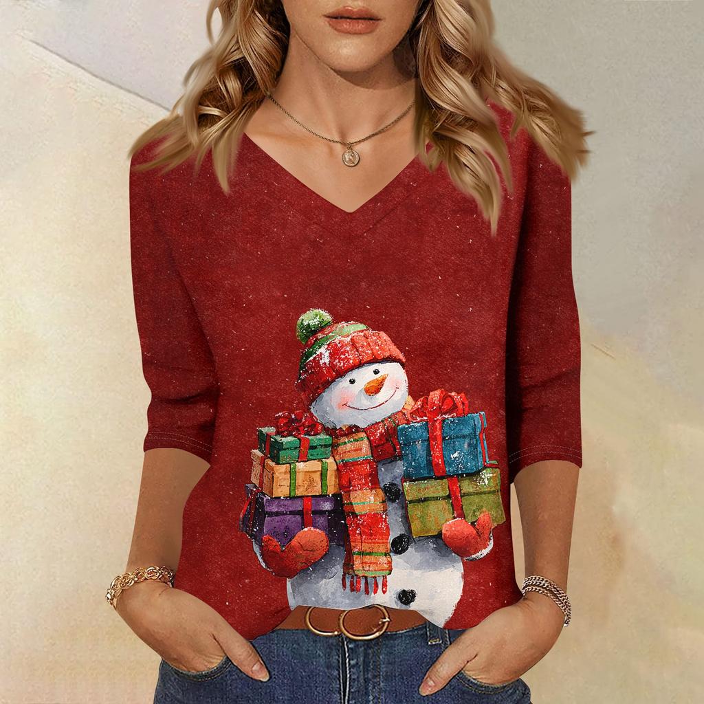 3/4 Sleeve Shirts For Women Print Christmas Tees Blouses Casual Plus Size Basic Tops Pullover