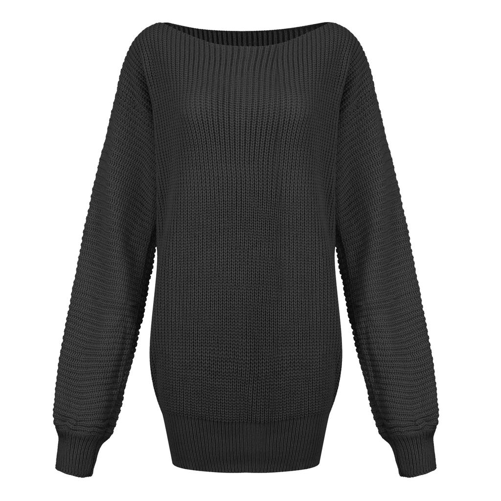 Women Fashion Casual Solid Color Solid Color Loose Slanted Shoulder Stitching Long-sleeved Knitted Dress