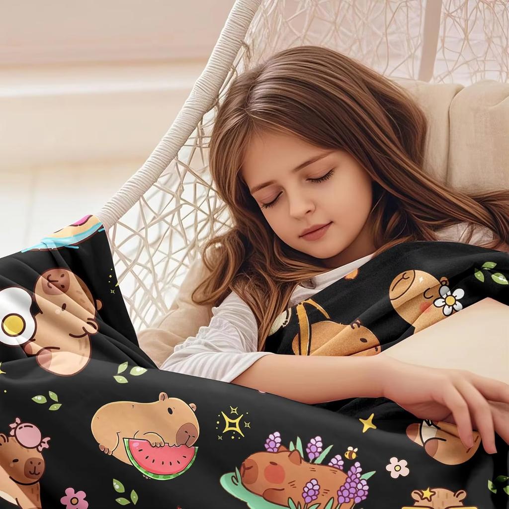 Capybara Blanket Gifts Warm Flannel Capybara Themed Throw Blanket Black Cartoon Decor Bedding For Sofa Bed