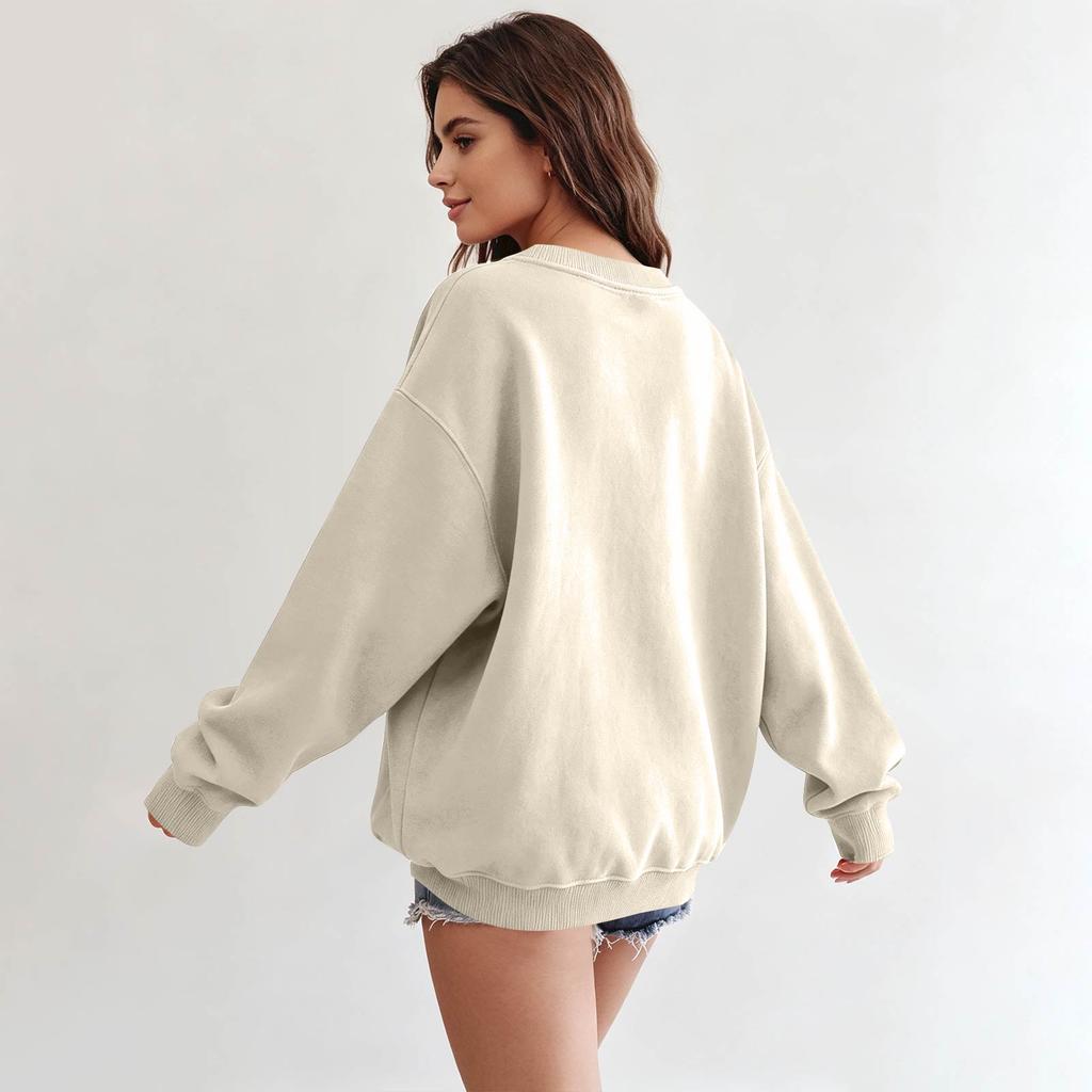 Women's Color Long Sleeve Neck Sweatshirt Loose Fit Casual Pullover Top