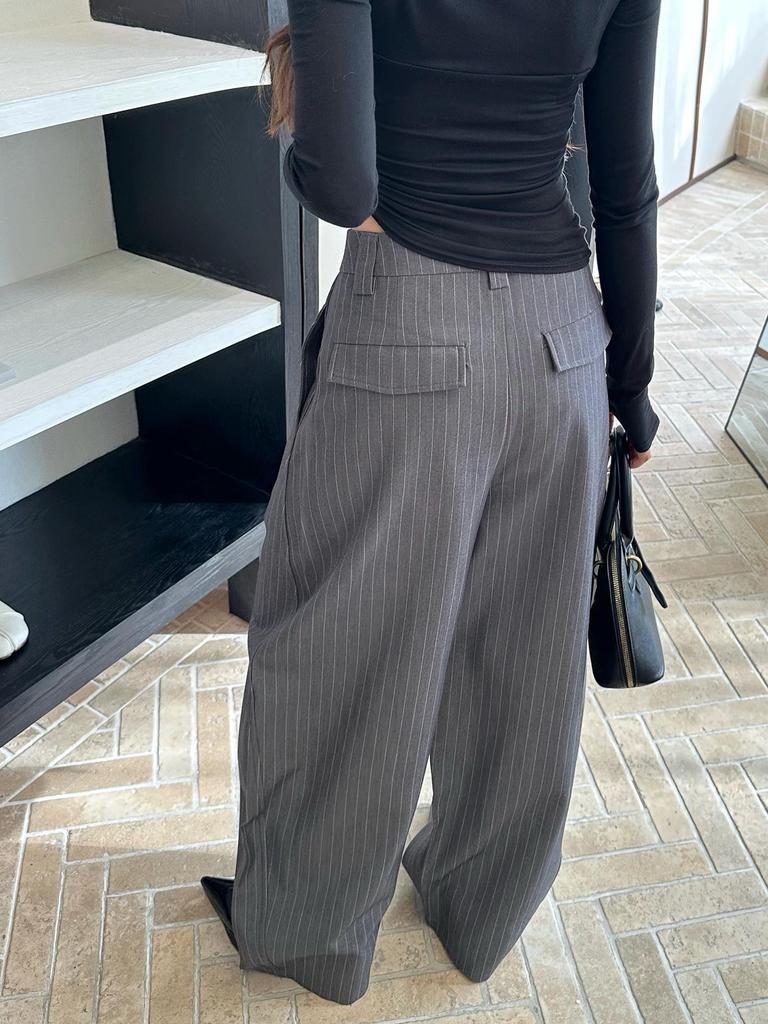 Lu Sheng Unisex Retro Striped Grey Casual Pants - Old Money Style Loose Western Trousers