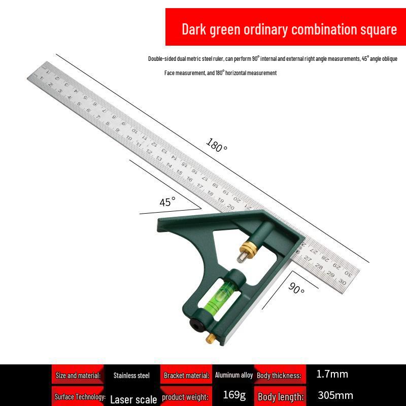 High-Precision Adjustable Stainless Steel 90-Degree Right Angle Woodworking Ruler with 45-Degree Multi-Function Combination.