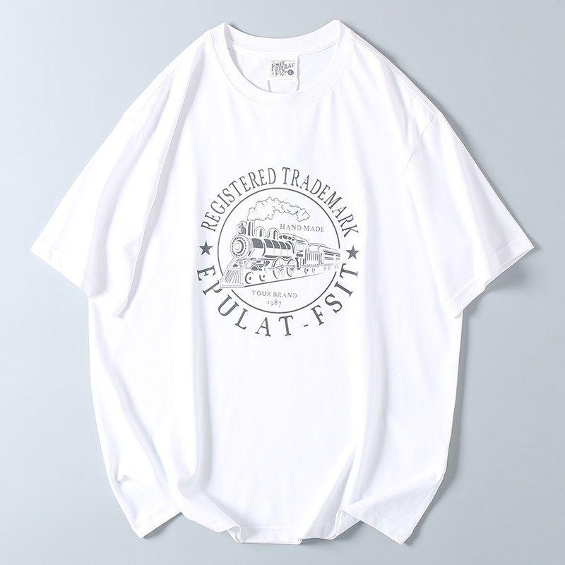 Vintage Locomotive Print Short-Sleeve T-Shirt for Summer, Men's Export Surplus Casual Round-Neck Base Shirt