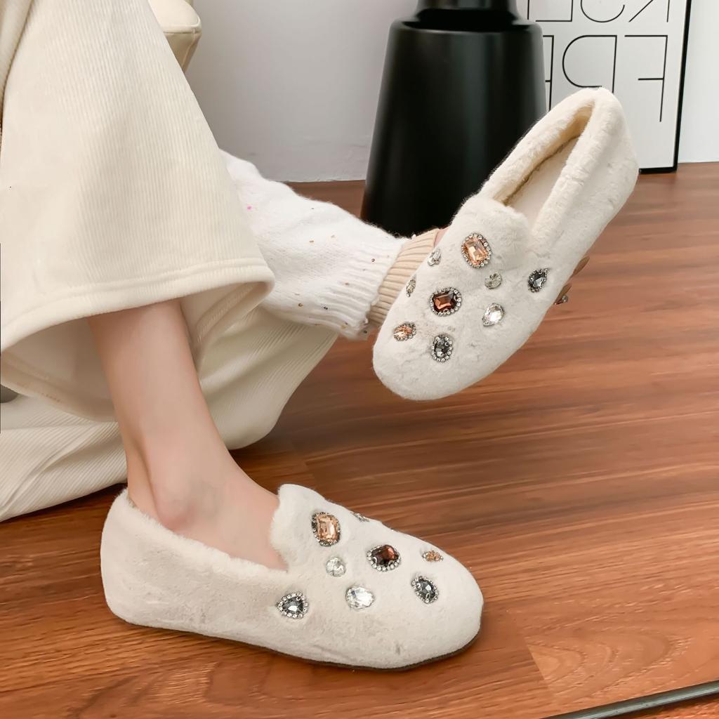 Winter New Thick-soled Fluffy Shoes Women's Korean Version of Thick Plush Warm Shoes Sparkling Diamond Fashionable Outer Wear Women's Shoes Velvet