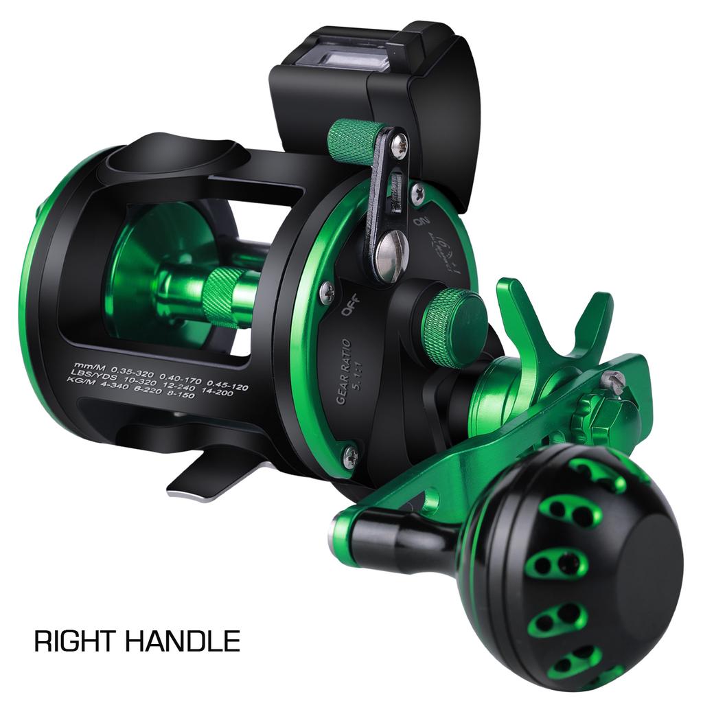 Line Counter Trolling Fishing Runde Baitcastingrolle Graphitkörper Große Kapazität 6+1 BBS Trommelrolle