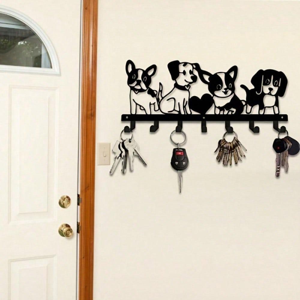 Metal Wall Art Key Hook with 4 Cartoon Dogs Modern Home Decor for Bedroom Living Room Bathroom Rustproof Gift