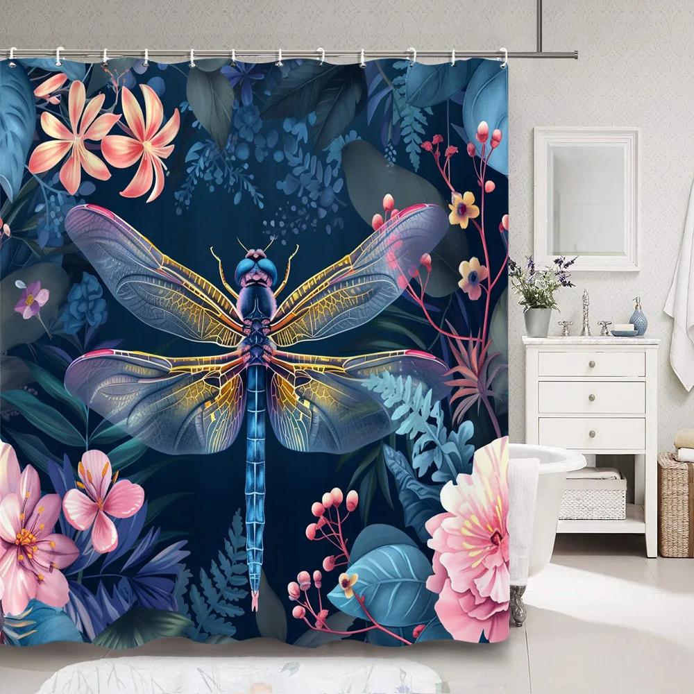 Dragonfly Watercolour Shower Curtain Dandelion Lavender Flower Polyester Fabric Home Art Bath Curtains Bathroom Decor with Hooks