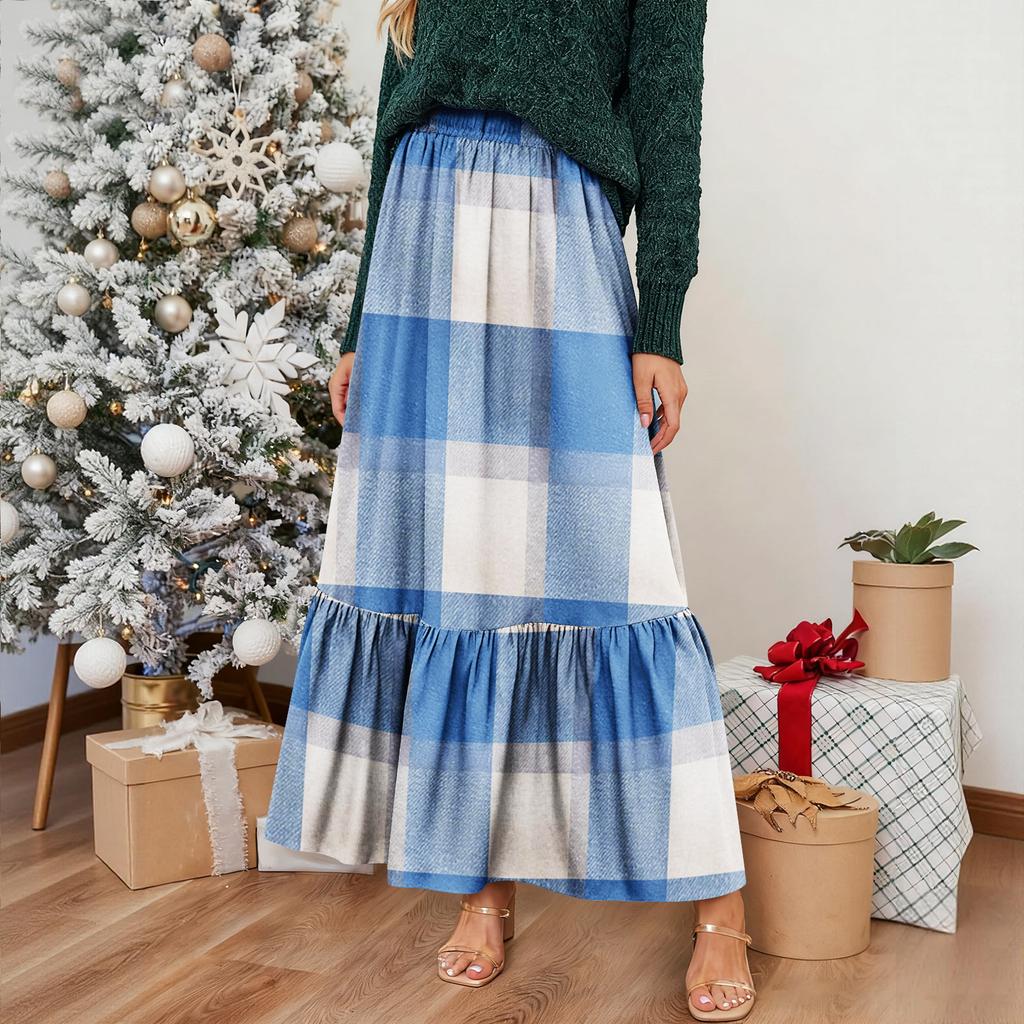 Women's Ruffled Casual Long Skirt Plaid Skirt Retro Pleated Skirt