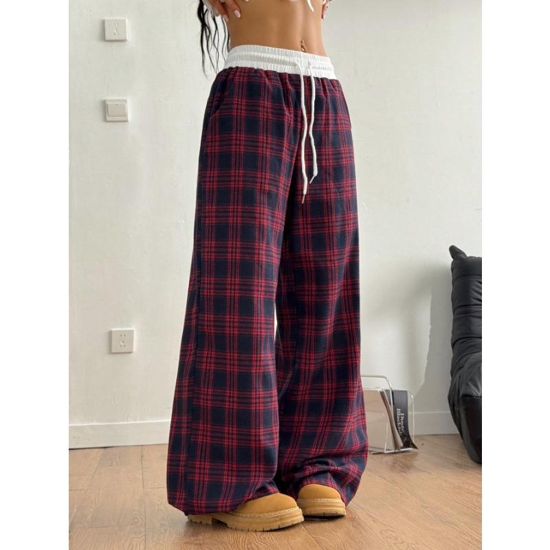 Loose Lazy Straight Leg Plaid High Waist Casual Sports Pants