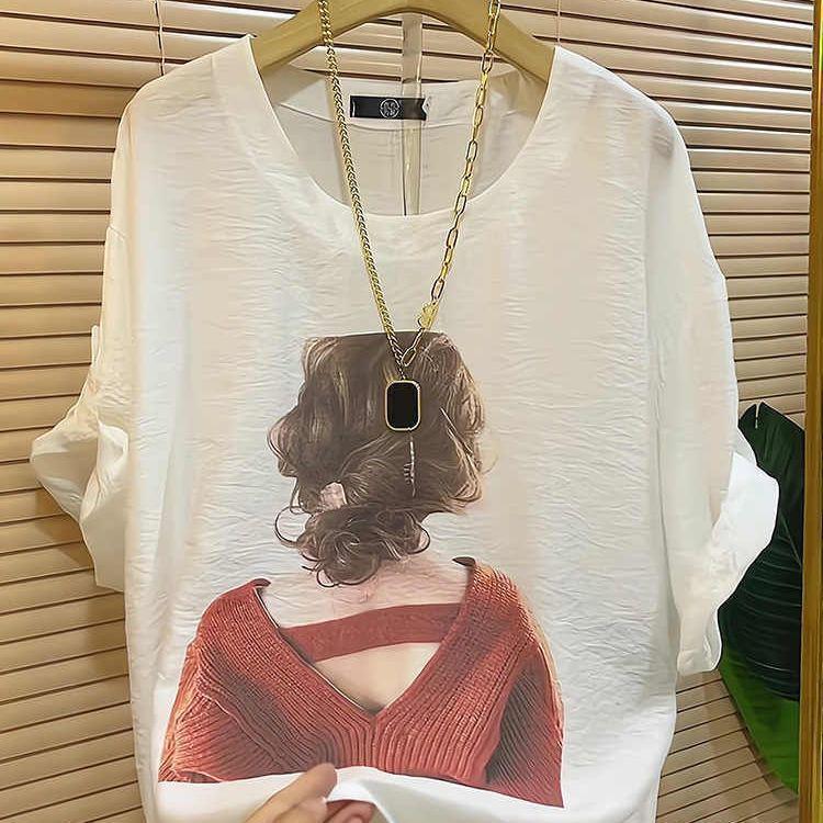 

2025 Summer Plus Size European Ice Silk Portrait Tee: Wrinkle-Free, Slimming, Trendy Short Sleeves for Women S (Recommended 60-80 jin)